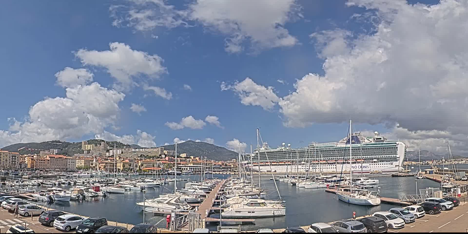 A large cruise ship is docked in a harbor filled with numerous smaller boats, under a partly cloudy sky.