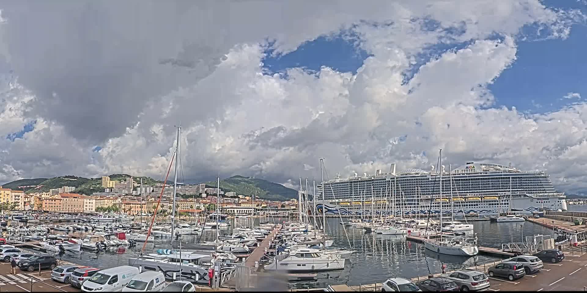 A large cruise ship is docked in a harbor filled with numerous smaller boats under a partly cloudy sky.