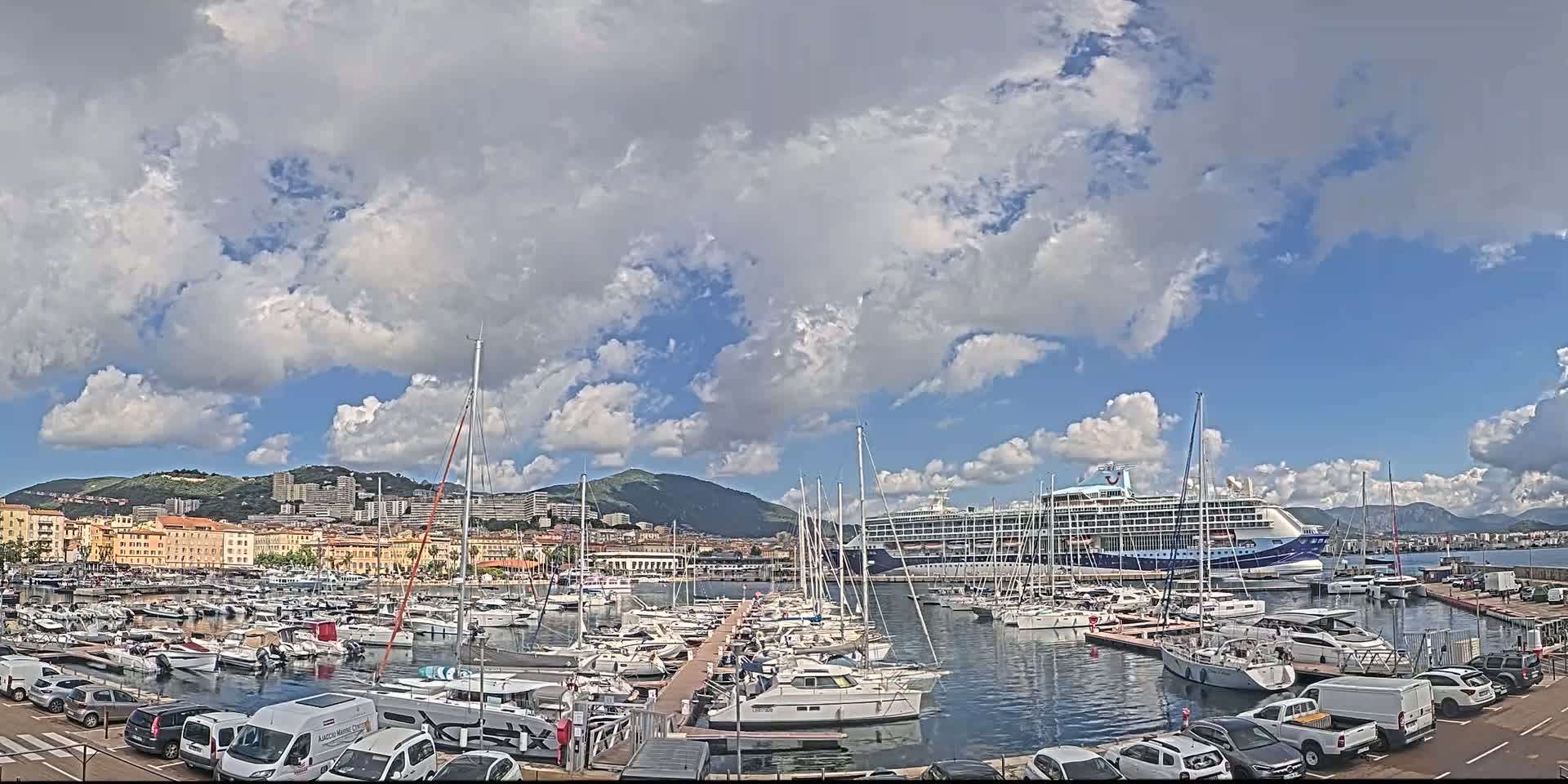 A large cruise ship is docked in a harbor filled with numerous sailboats and yachts under a partly cloudy sky.