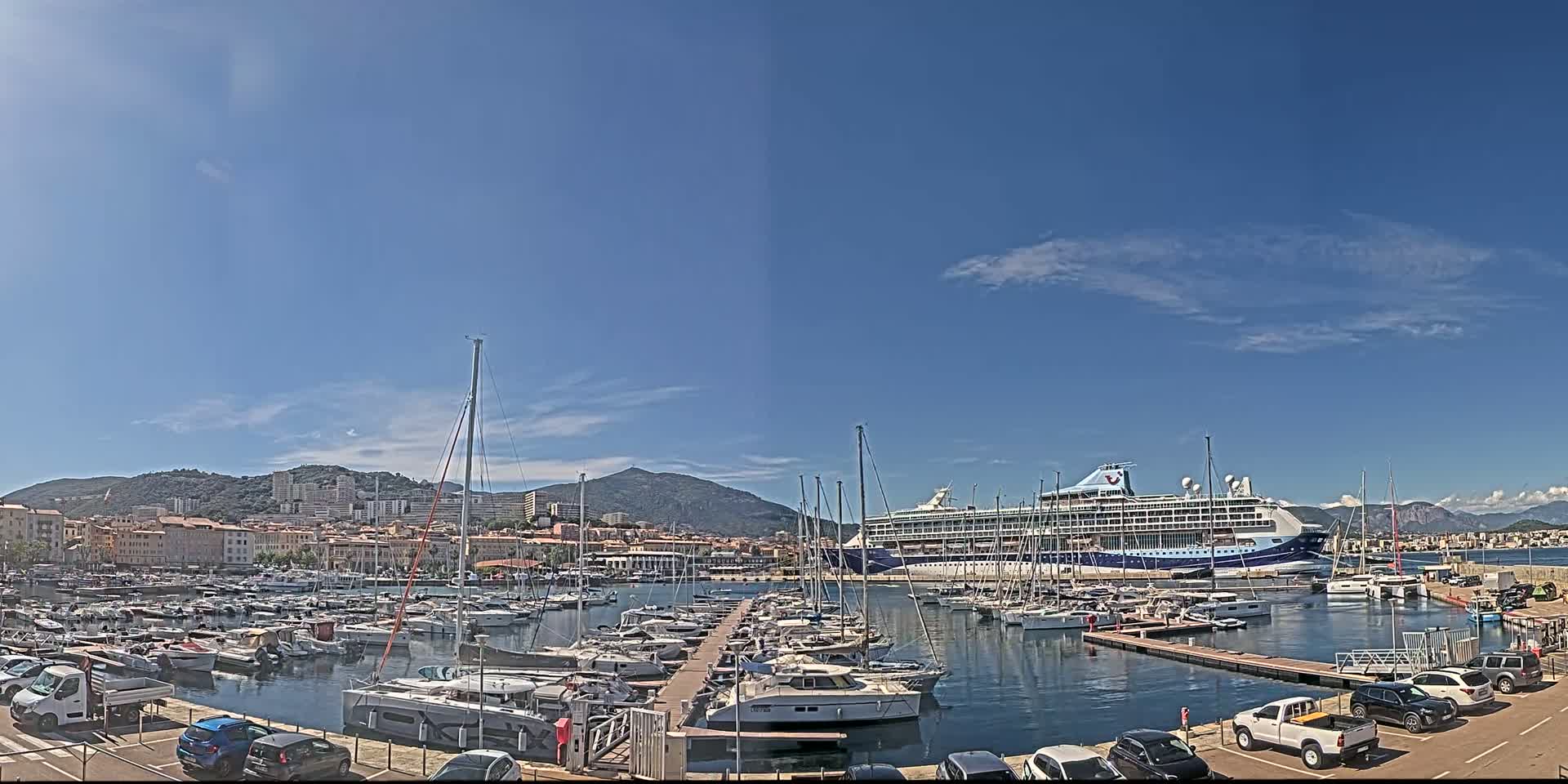 A large cruise ship is docked in a harbor filled with sailboats and yachts, under a sunny sky.