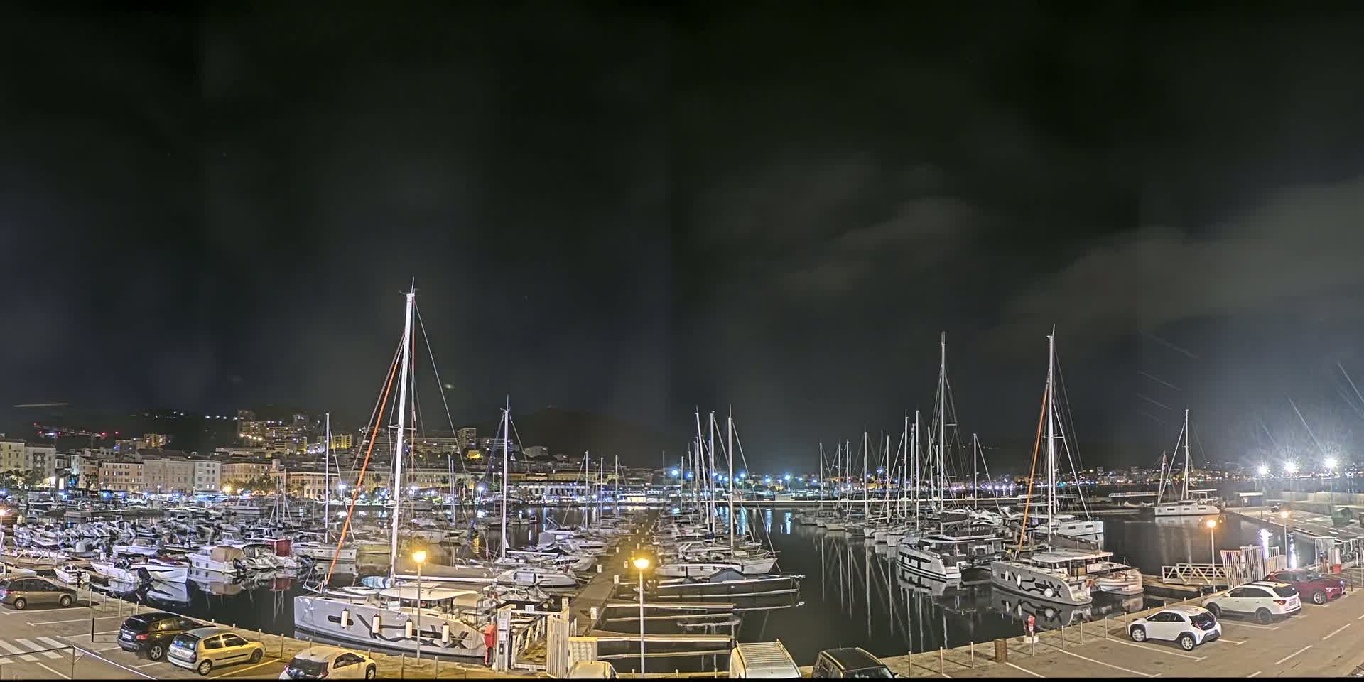 A marina filled with numerous boats is illuminated at night under a dark, cloudy sky.