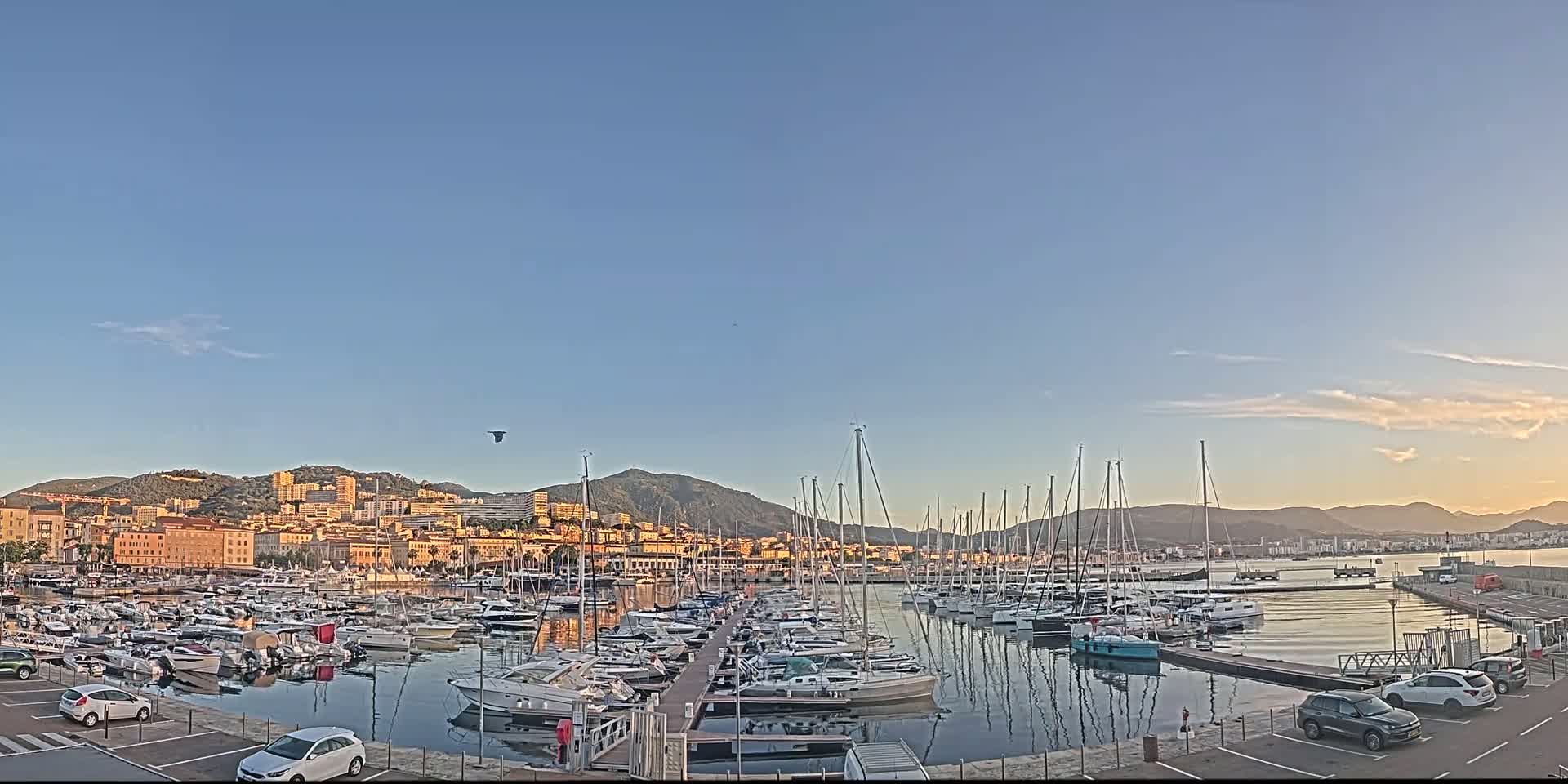 A marina filled with numerous sailboats and motorboats is situated near a city nestled against a mountain range under a clear, light-blue sky.