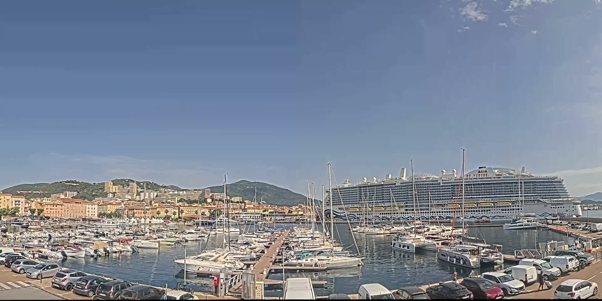 A large cruise ship is docked in a harbor filled with many smaller boats, under a clear blue sky.