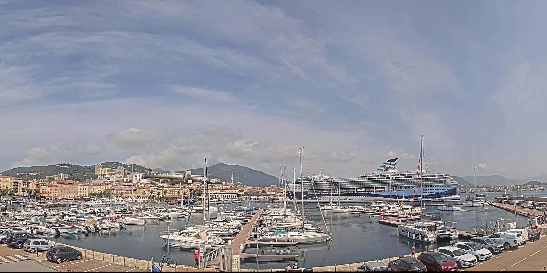 A large cruise ship is docked in a harbor filled with numerous smaller boats and yachts, under a partly cloudy sky.