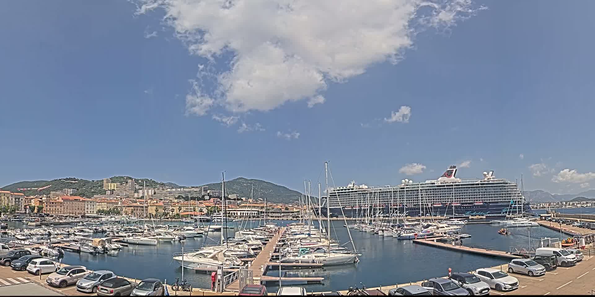 A large cruise ship is docked in a harbor filled with smaller boats, under a partly cloudy blue sky.