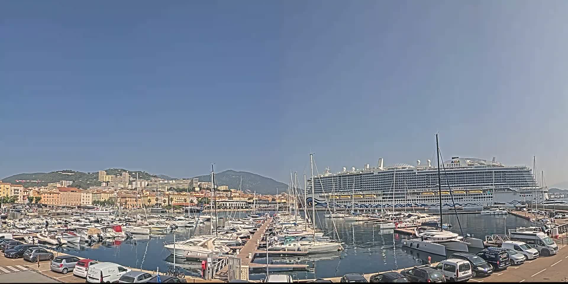 A large cruise ship is docked in a harbor filled with many smaller boats, under a clear blue sky.