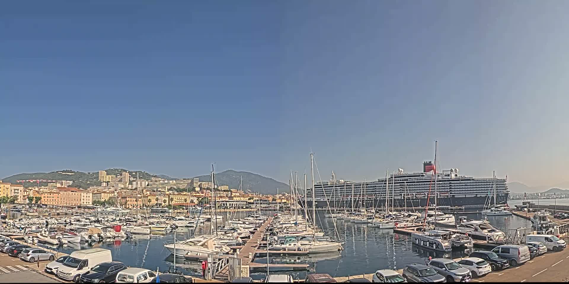 A large cruise ship is docked in a harbor filled with many smaller boats, under a clear blue sky.