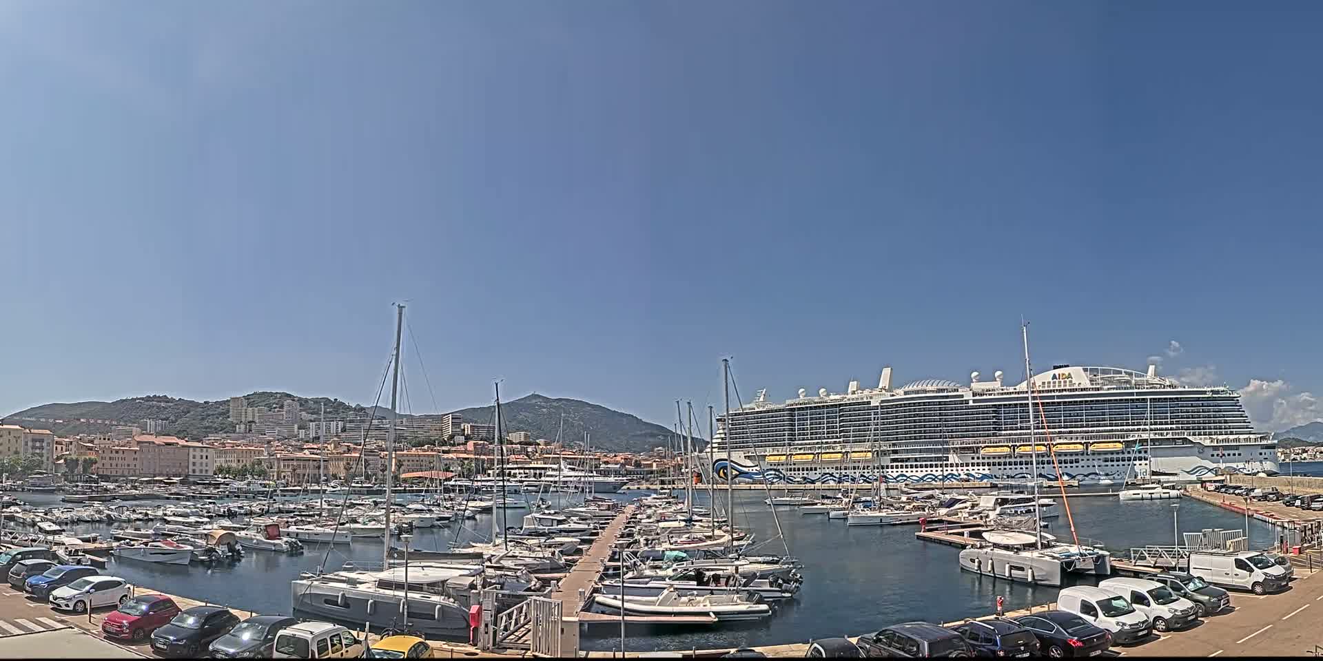 A large cruise ship is docked in a harbor filled with smaller boats, under a clear blue sky.