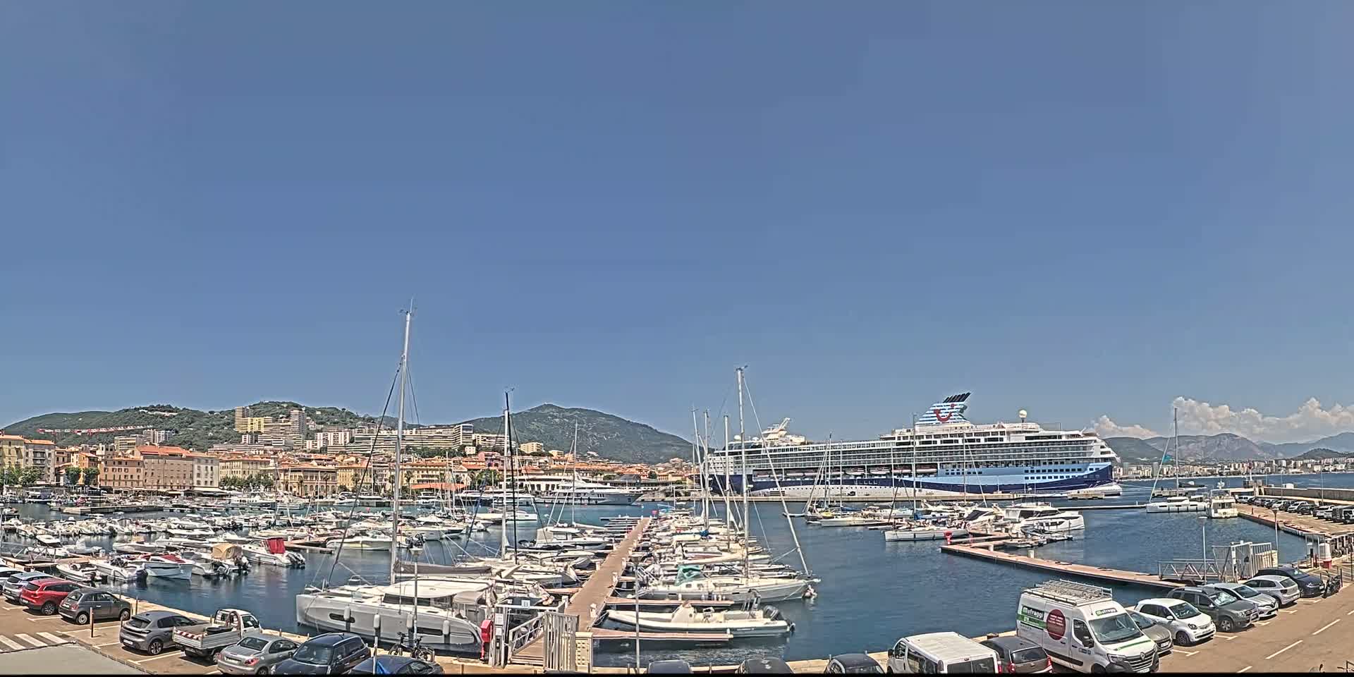 A large cruise ship is docked in a harbor filled with numerous smaller boats and yachts, under a clear blue sky.