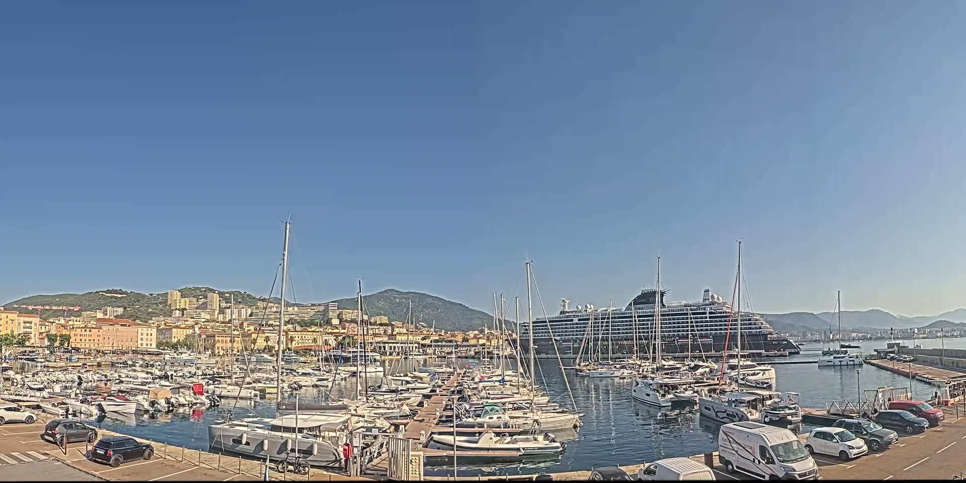 A large cruise ship is docked in a harbor filled with numerous smaller boats and yachts, under a clear blue sky.