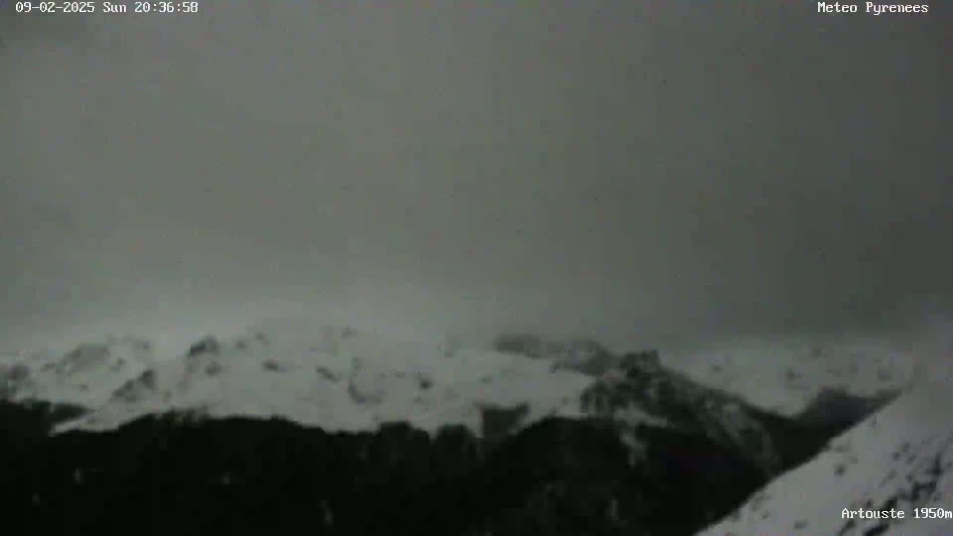 A snow-covered mountain range is visible under an overcast sky.