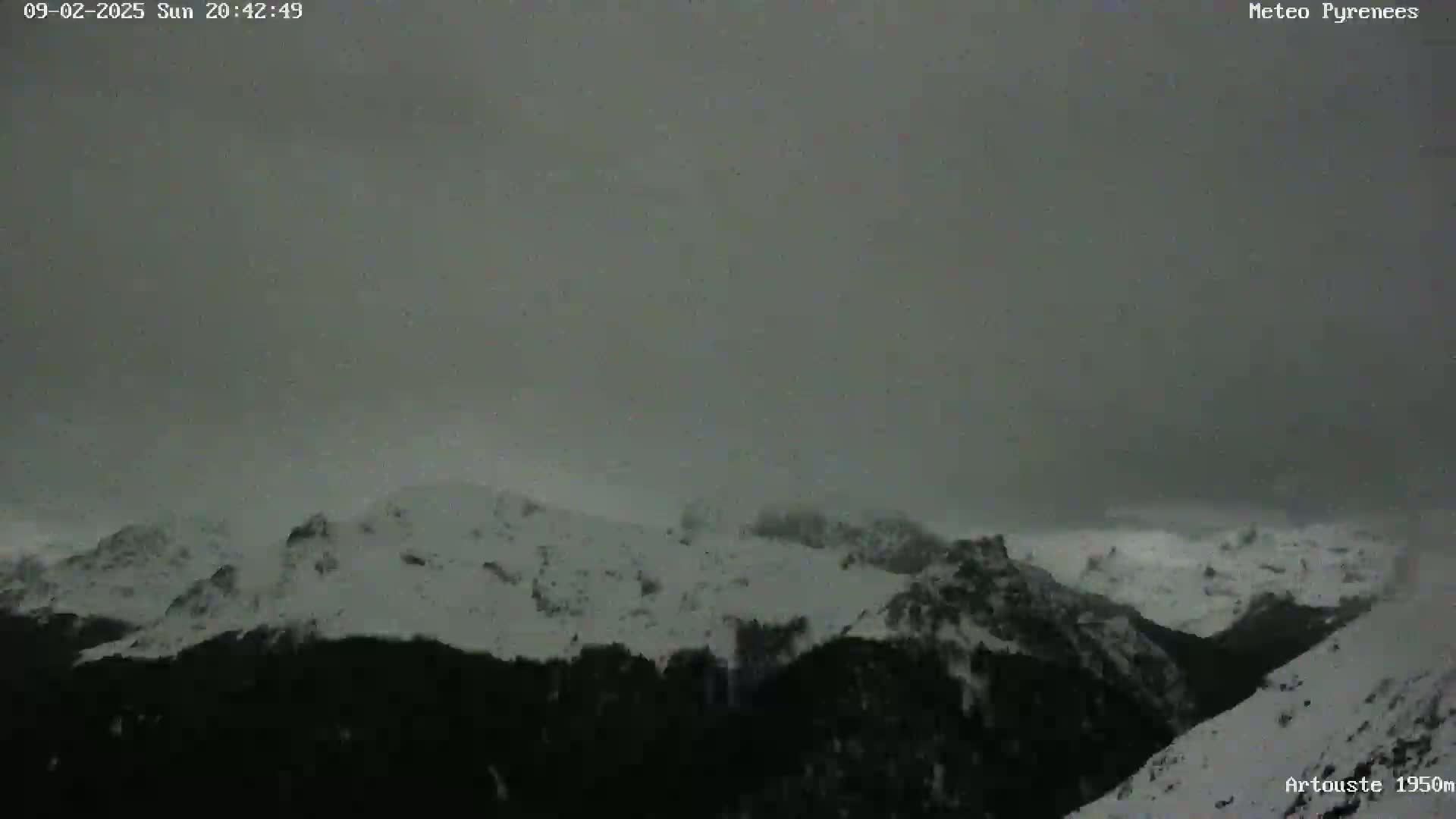 Snow-covered mountains are visible under a dark, overcast sky.