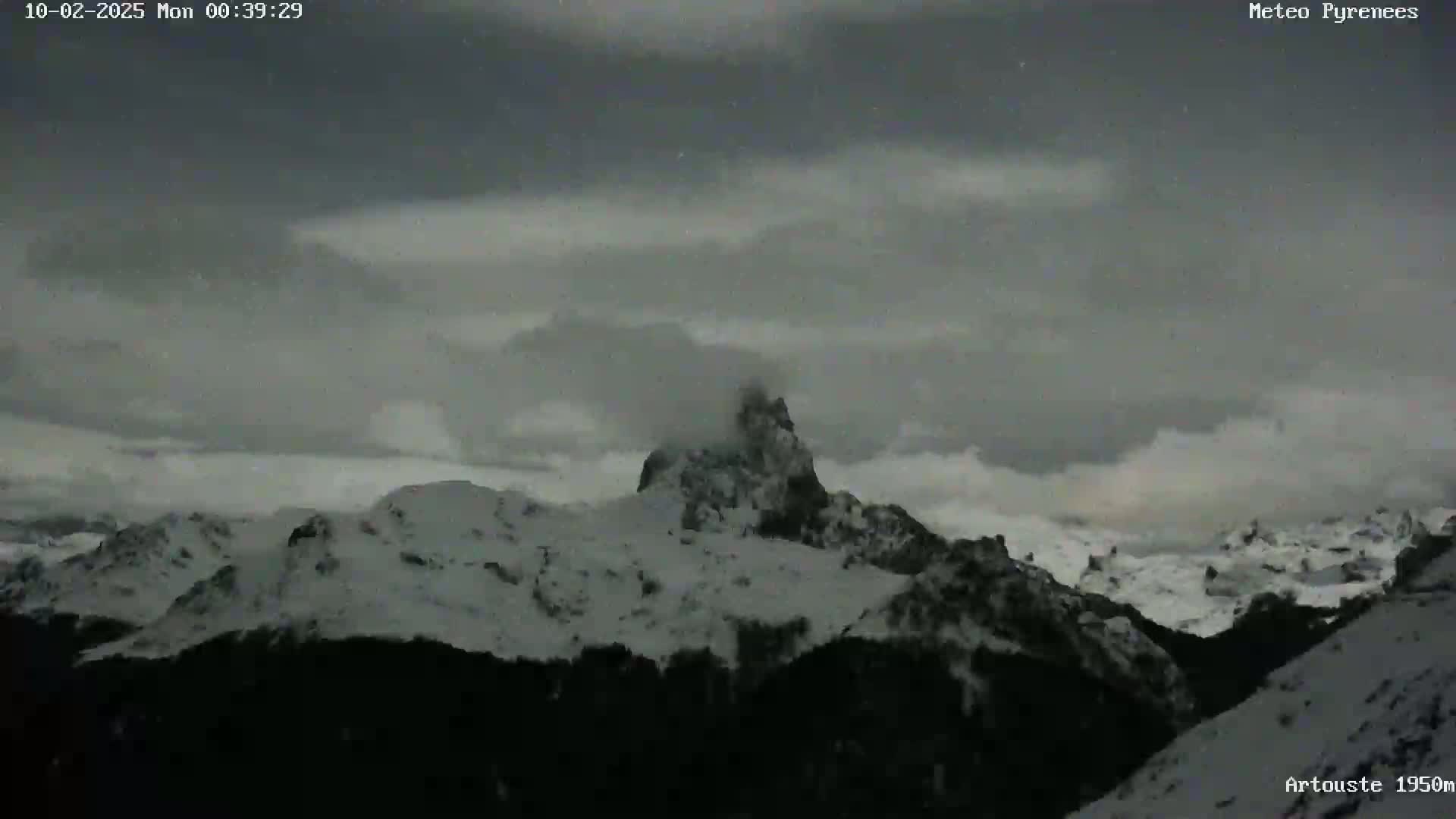 A snow-covered mountain range is visible under a dark, cloudy sky with light snowfall.