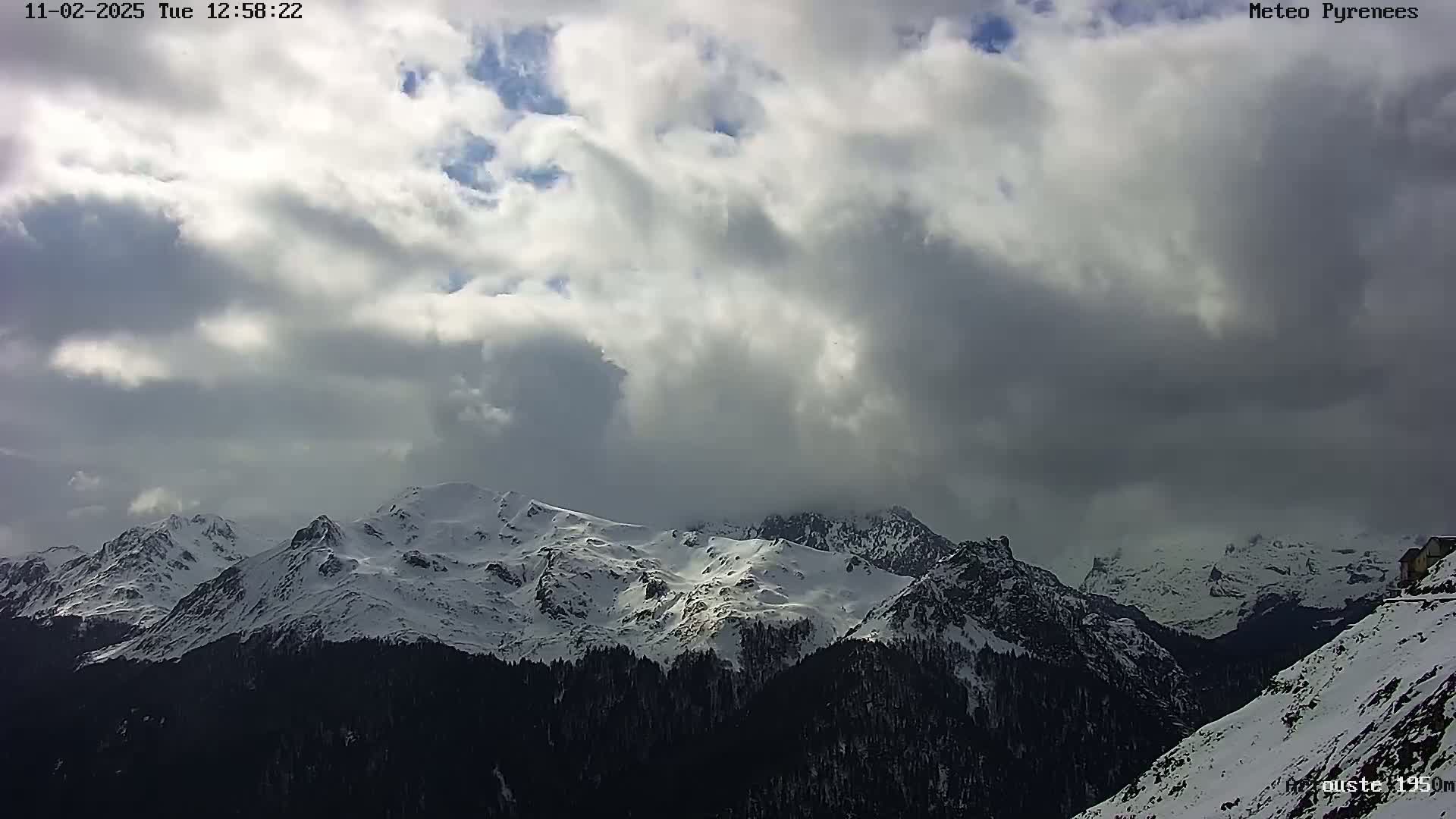 A snow-covered mountain range is visible under a cloudy sky.