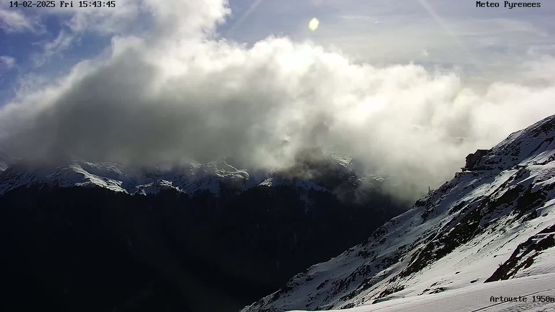 A partly sunny, cloudy day reveals snow-covered mountains, with a building visible on a steep, snow-dusted slope in the foreground.