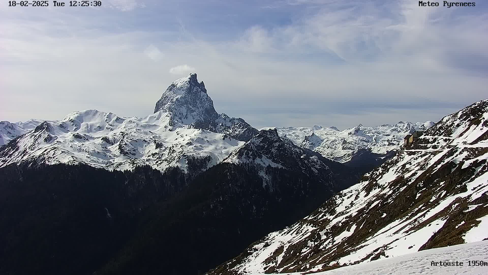 A snow-covered mountain range is viewed from a high vantage point on a partly cloudy day.