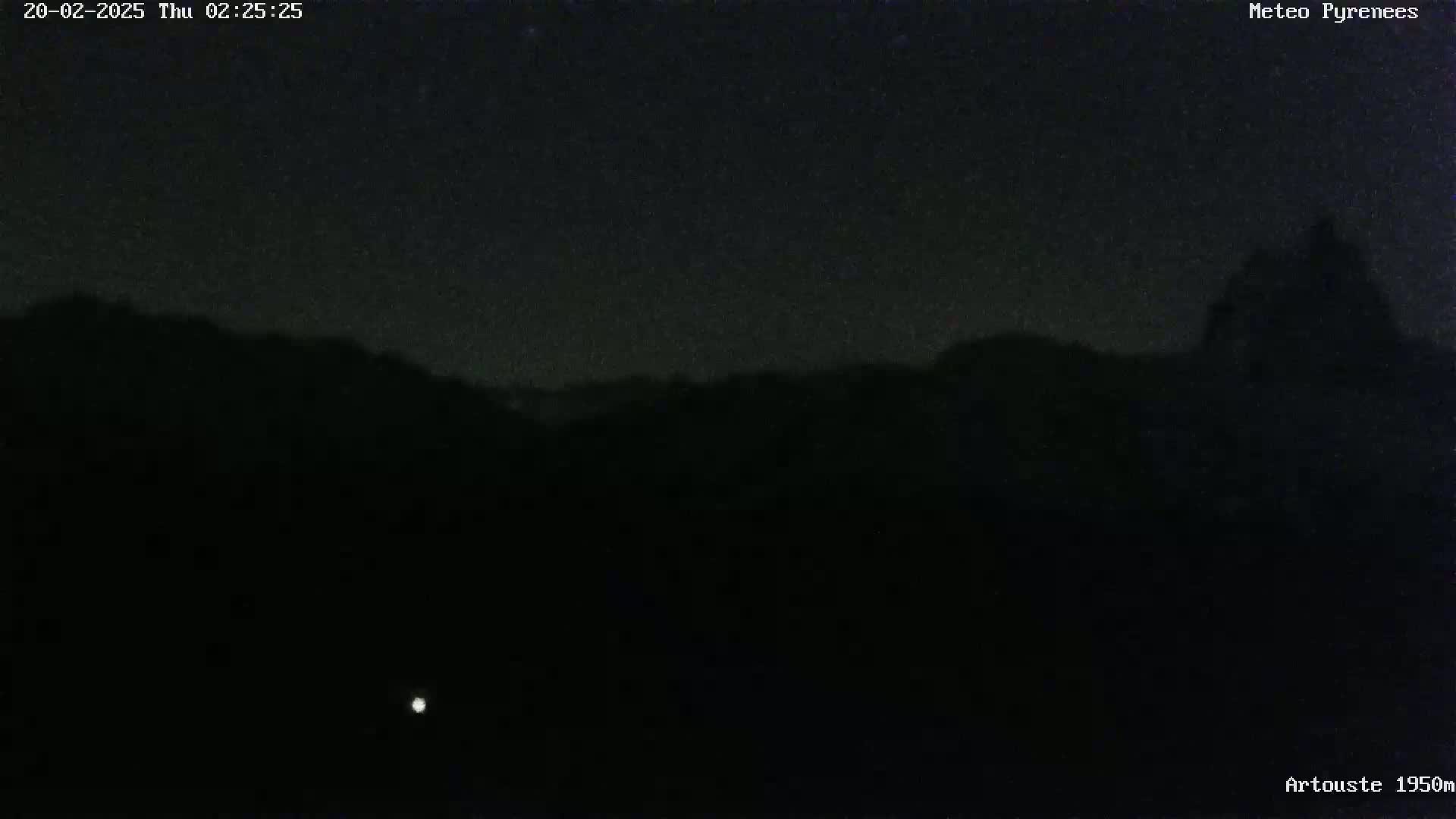 A dark, nighttime view of silhouetted hills under a clear, starlit sky with a single small light visible in the lower center.