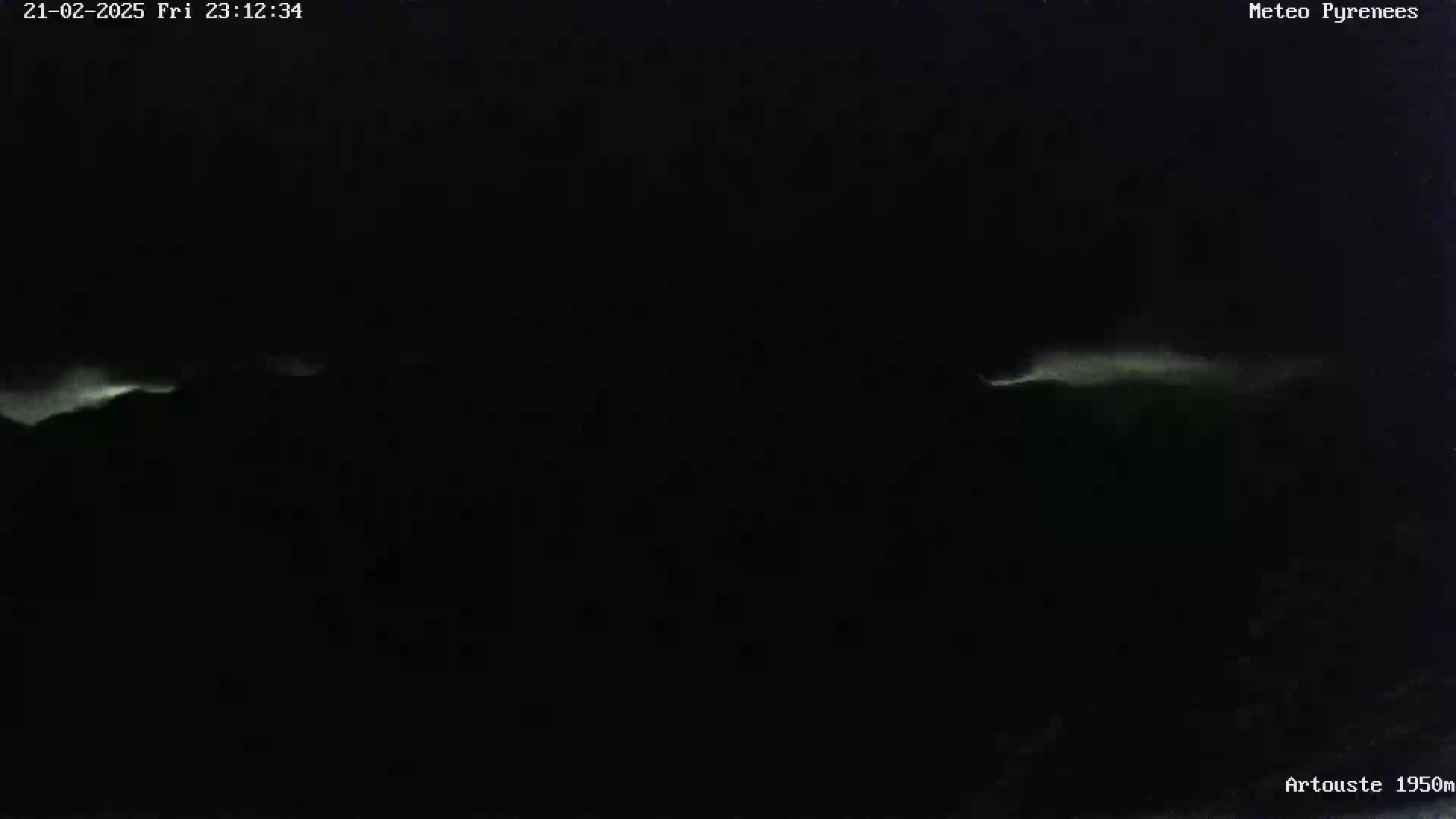 Two dimly lit mountain peaks are visible under a dark, nighttime sky with faint clouds.