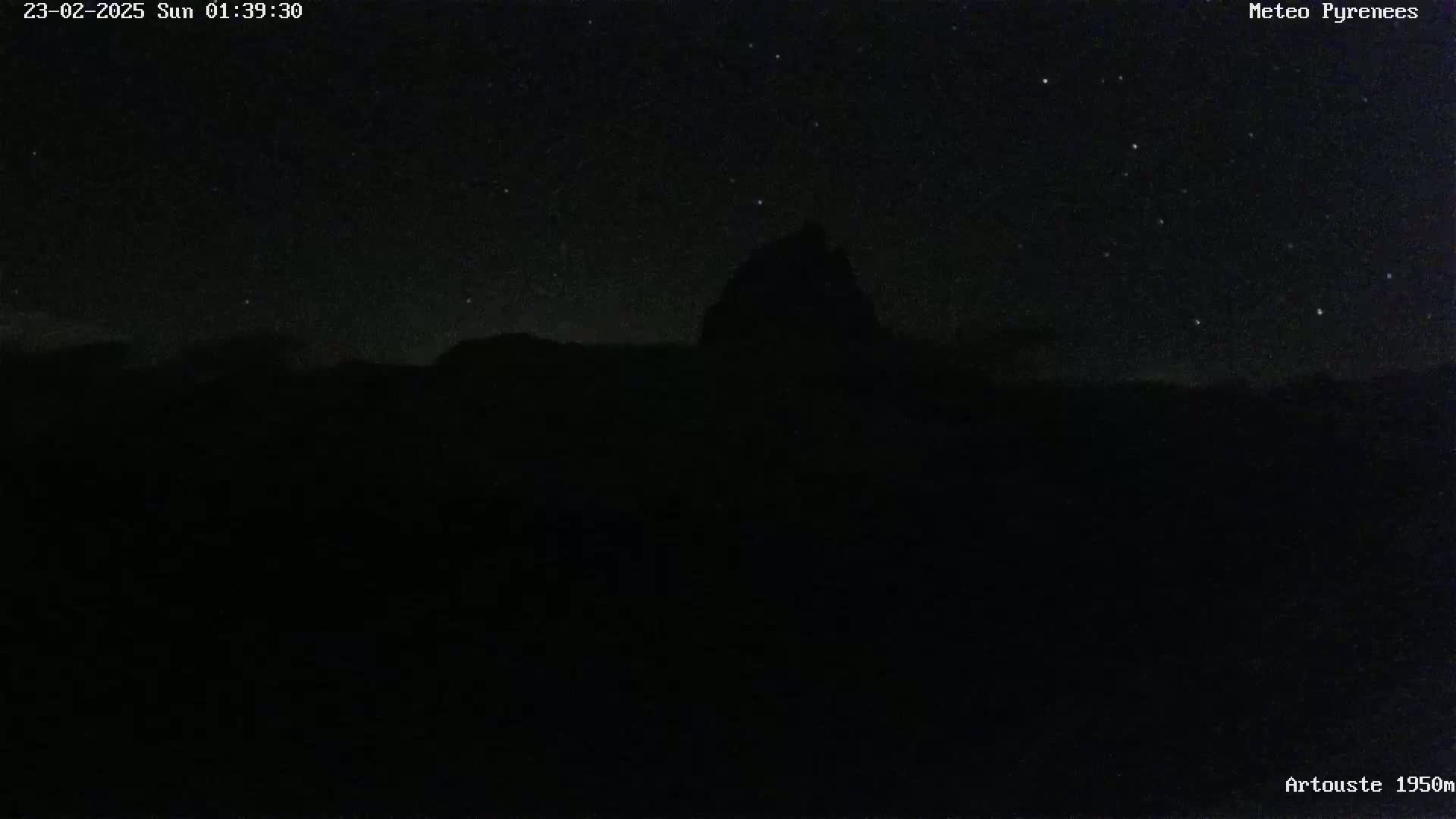 A dark, starlit night reveals the silhouette of a hill or mountain.