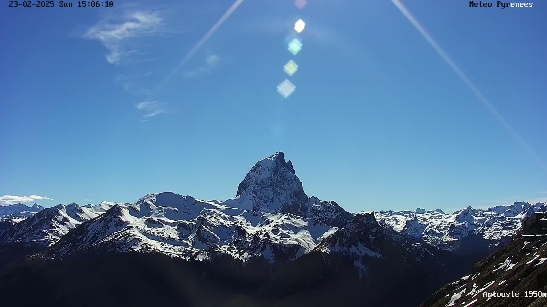 A snow-capped mountain range is visible under a mostly clear blue sky with some high altitude clouds and bright sunshine.
