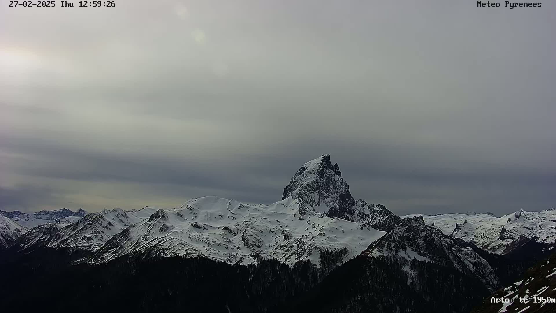 A snow-covered mountain range is visible under an overcast sky.