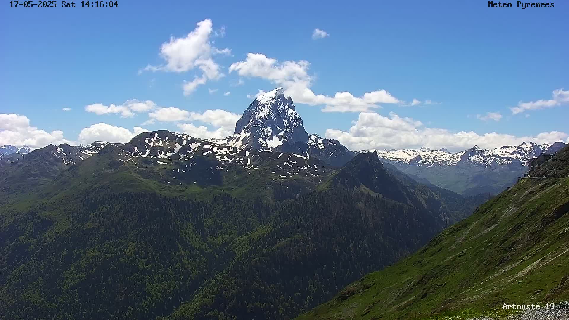 A snow-capped mountain peak rises above a range of forested mountains under a mostly sunny sky with scattered clouds.