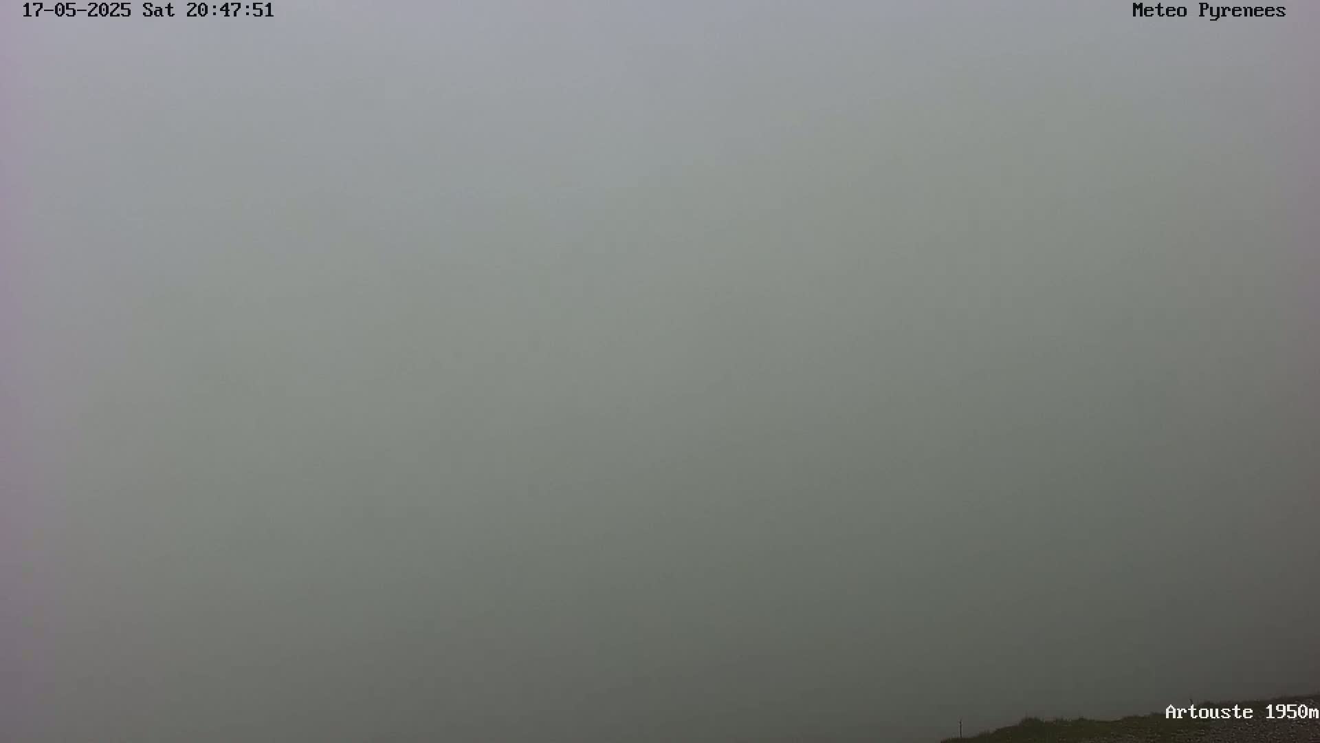 A very dense fog obscures the view of a landscape.