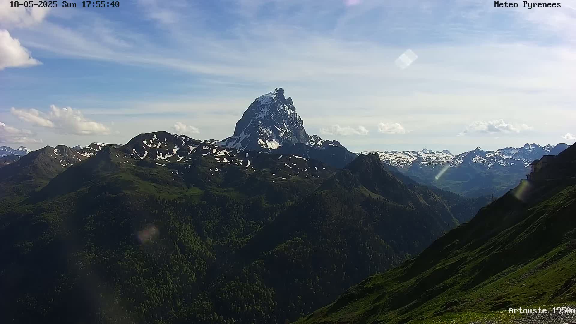A mostly sunny sky overlooks a vast mountain range with a prominent snow-capped peak, and patches of snow visible on other surrounding mountains.