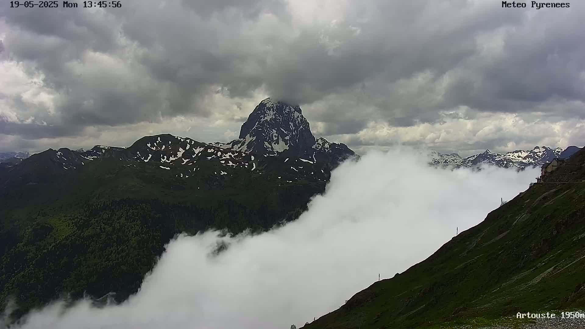 A snow-capped mountain peak rises above a layer of low clouds covering a mountainous landscape under a cloudy sky.