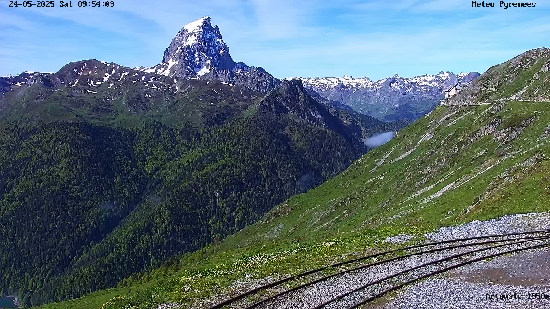 A snow-capped mountain peak is seen in the distance, overlooking a lush green valley with a railway track in the foreground under a clear blue sky.