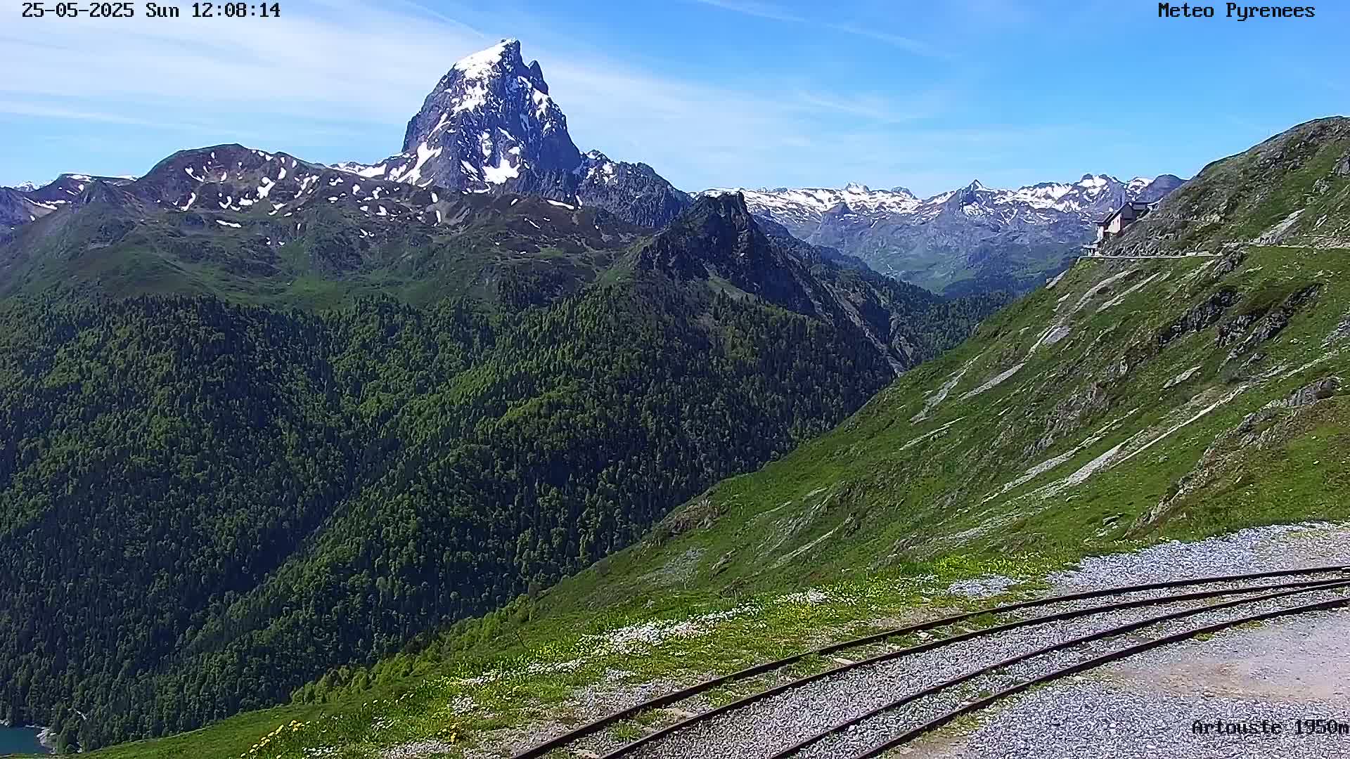 A snow-capped mountain peak is visible in the distance, overlooking a lush green valley with a mountain road and railway tracks in the foreground under sunny skies.