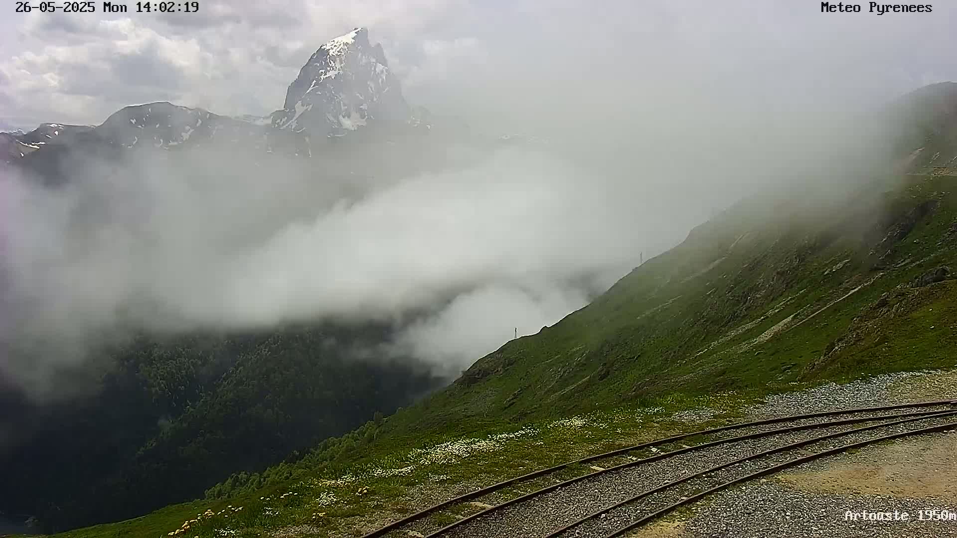 A snow-capped mountain peak is partially obscured by thick fog, overlooking a grassy hillside with train tracks in the foreground.