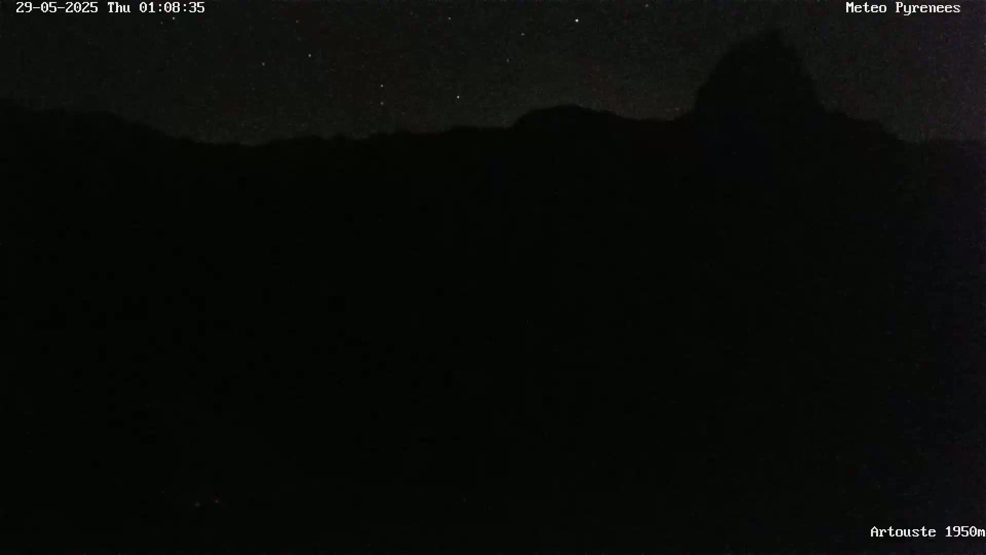 A nighttime view of a dark mountain range under a starry sky.