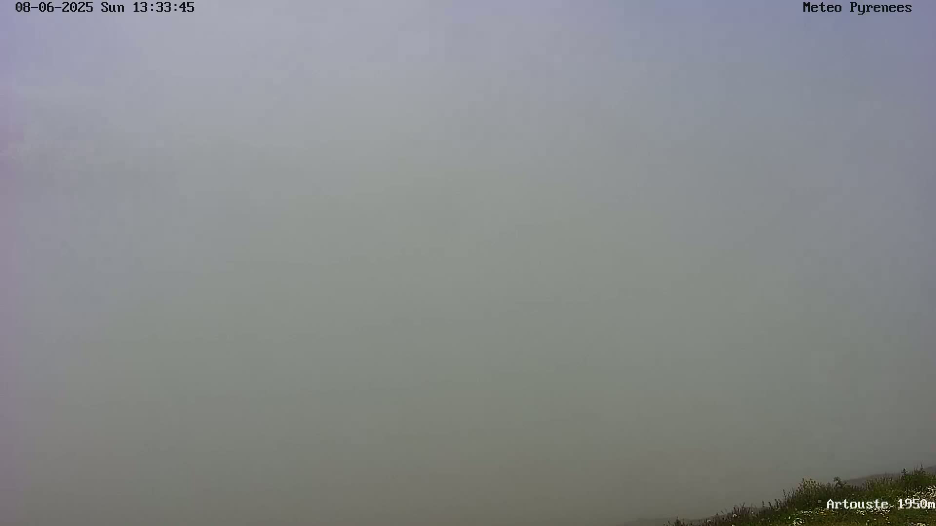 A thick fog obscures the view of a landscape with a hint of vegetation visible at the bottom.