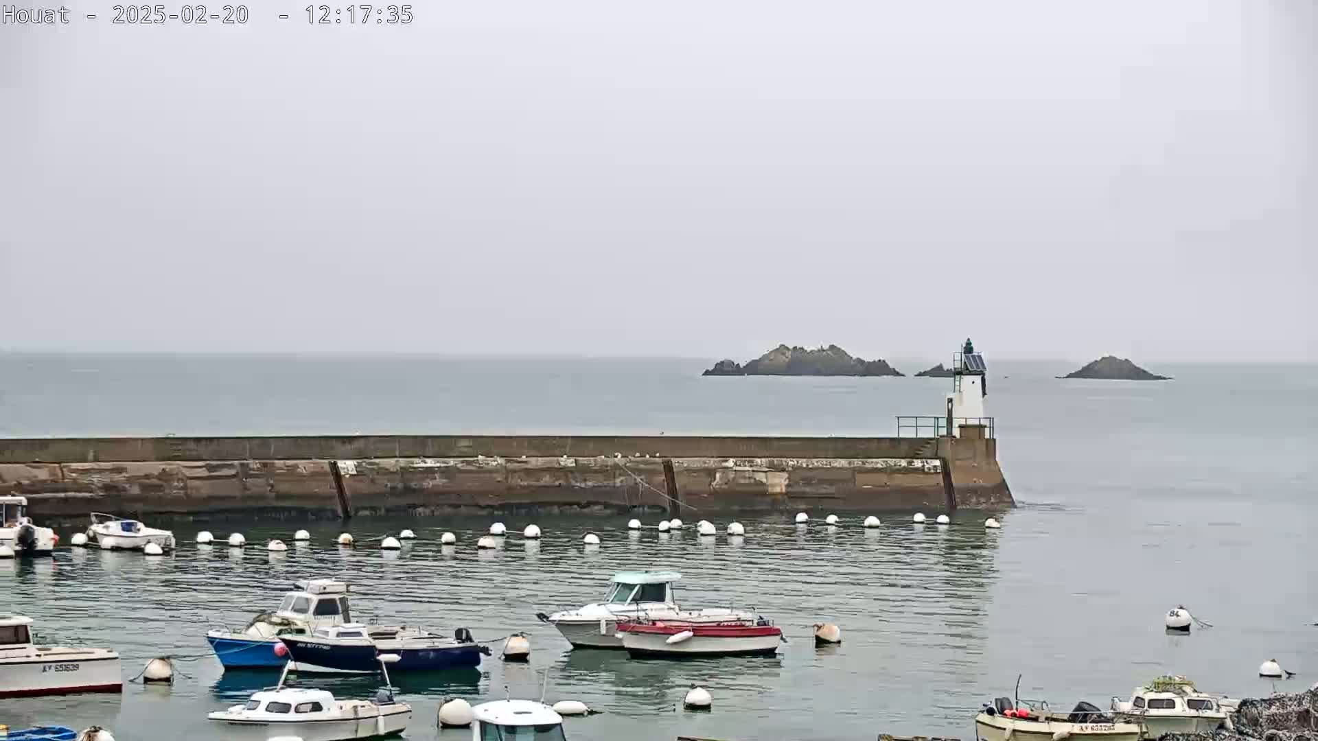 A harbor filled with small boats is partially protected by a stone wall with a small lighthouse at its end, all under an overcast sky.