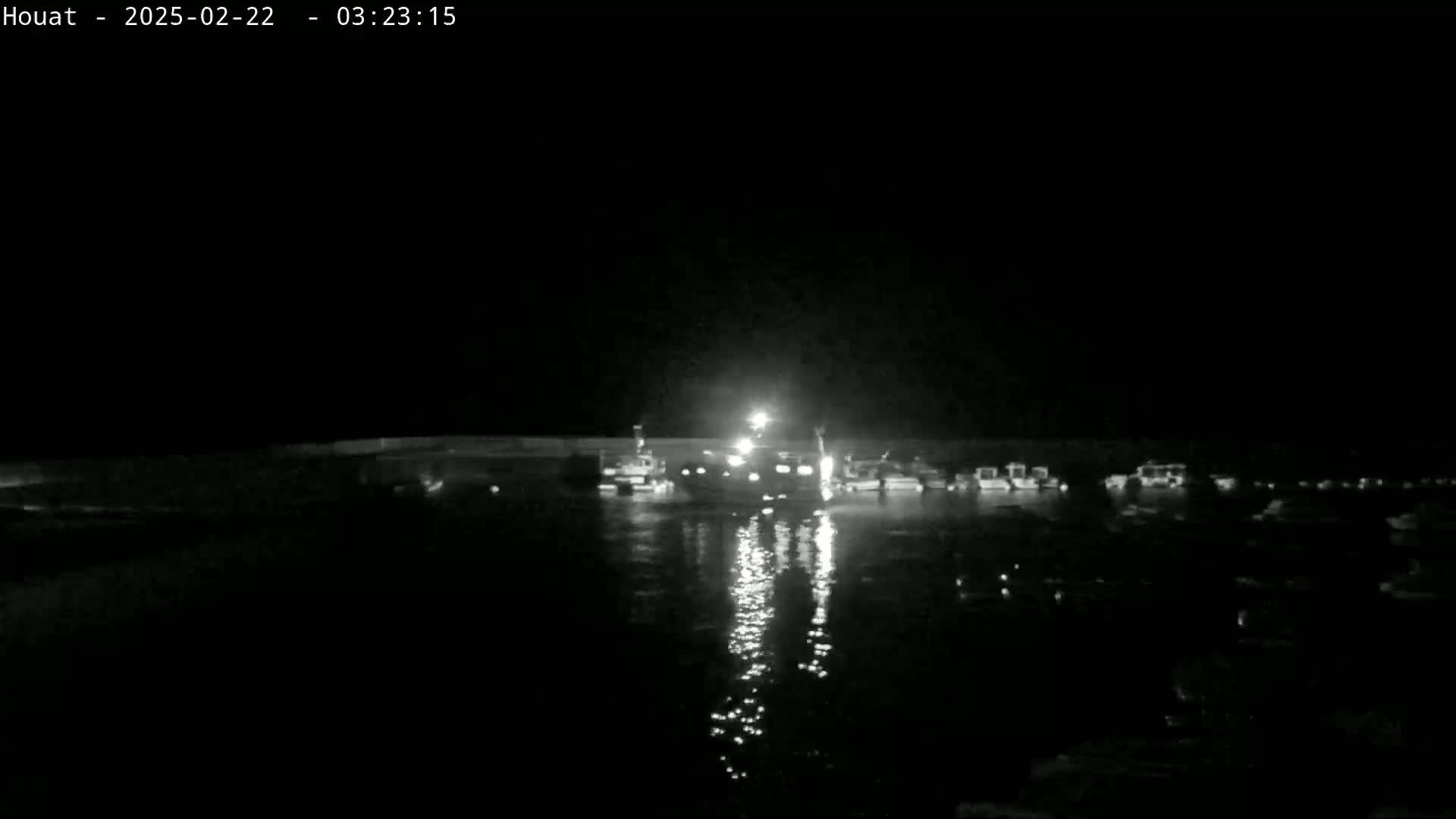 A nighttime, low-light view of a harbor with several boats moored, illuminated by a light source on a boat in the center.