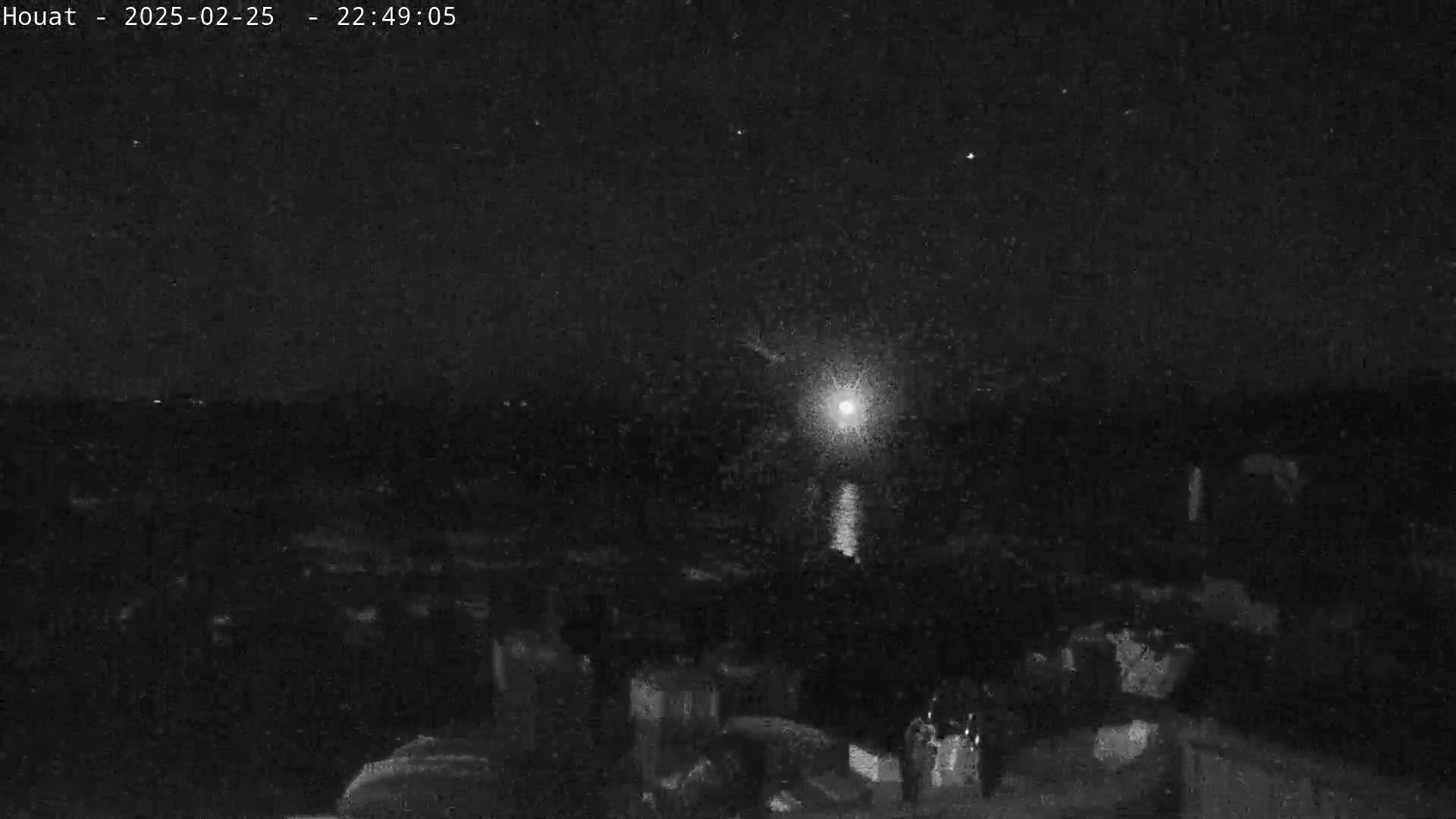 A nighttime, low-light image shows a crowd of people gathered near a body of water under a clear, starry sky, with a bright light source visible in the distance.