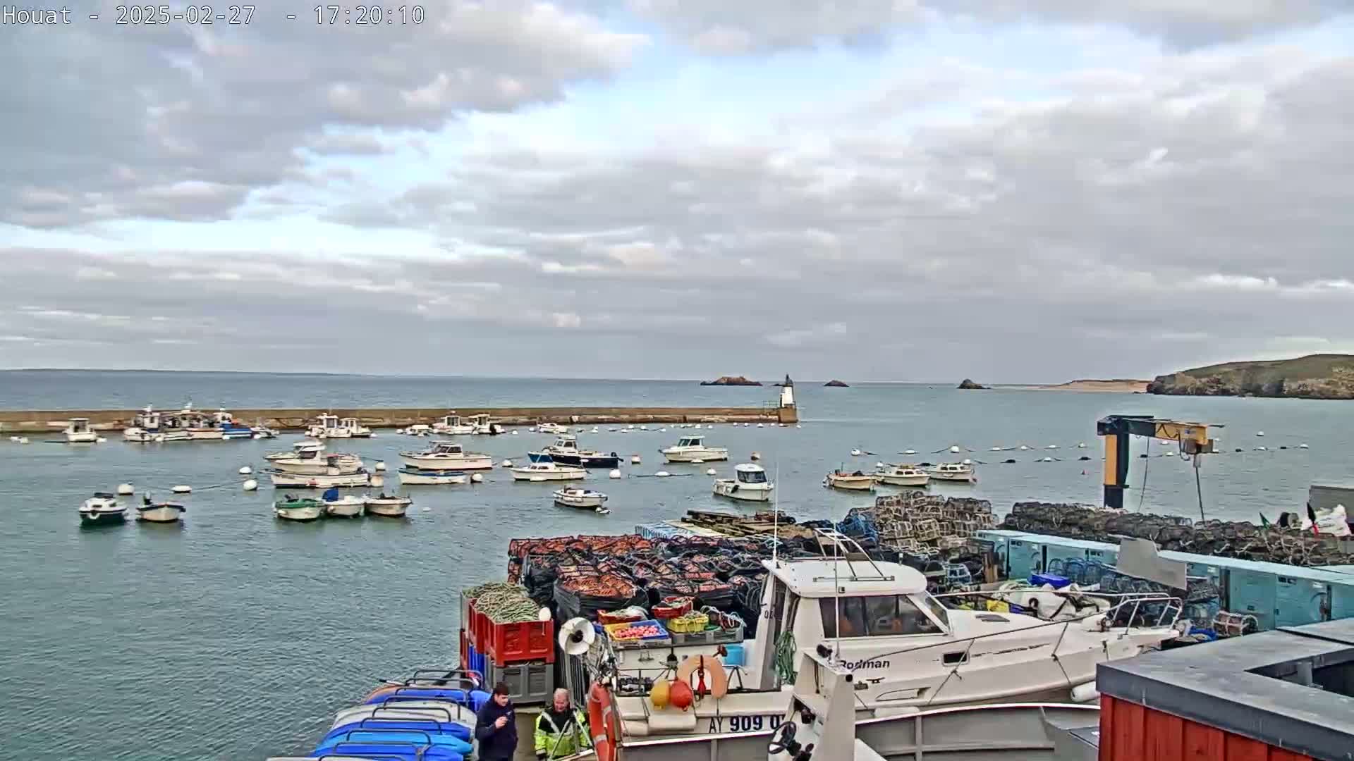 A harbor filled with numerous boats under a mostly cloudy sky.