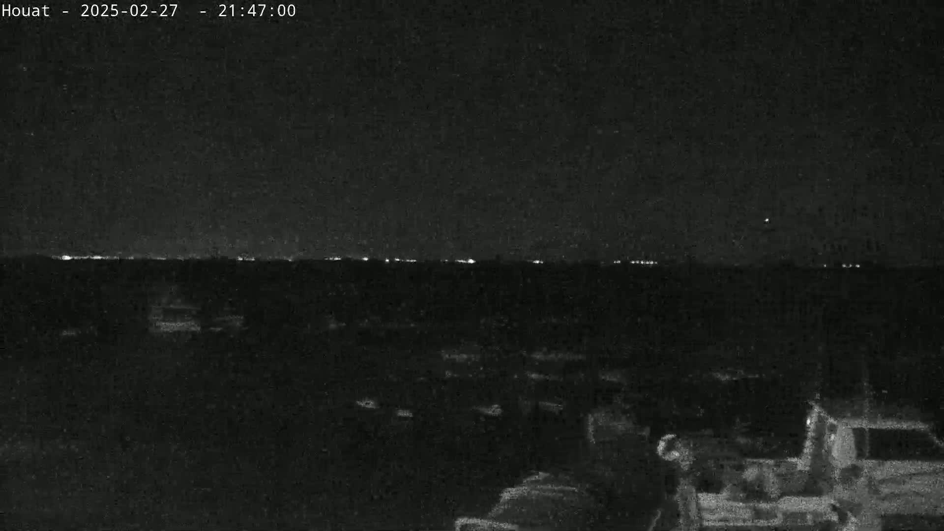 A nighttime, low-light image shows a dark landscape with a distant line of lights on the horizon under a clear, dark sky.