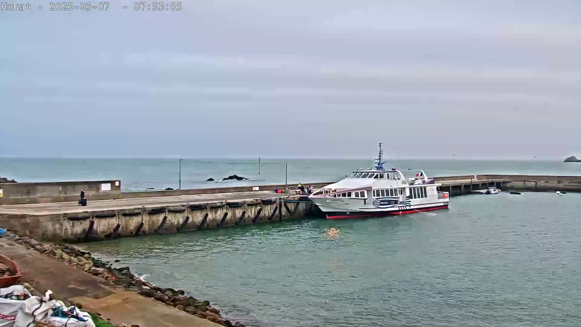 A ferry is docked at a harbor on a calm, overcast day.