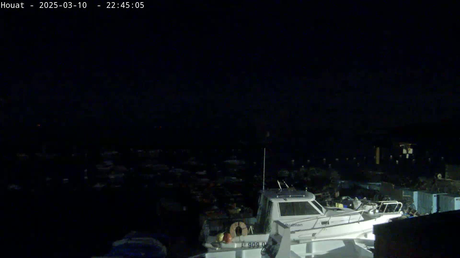 A nighttime, low-light view of a harbor filled with numerous boats, some of which are illuminated.