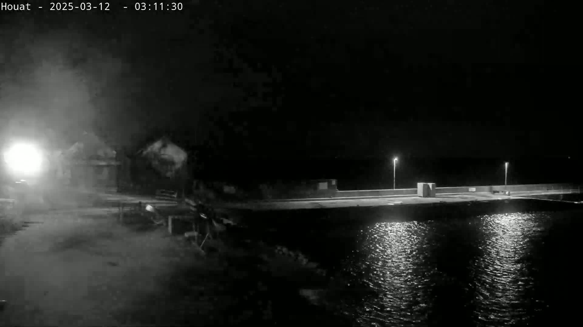A nighttime, foggy view of a calm body of water next to a dimly lit dock and buildings.