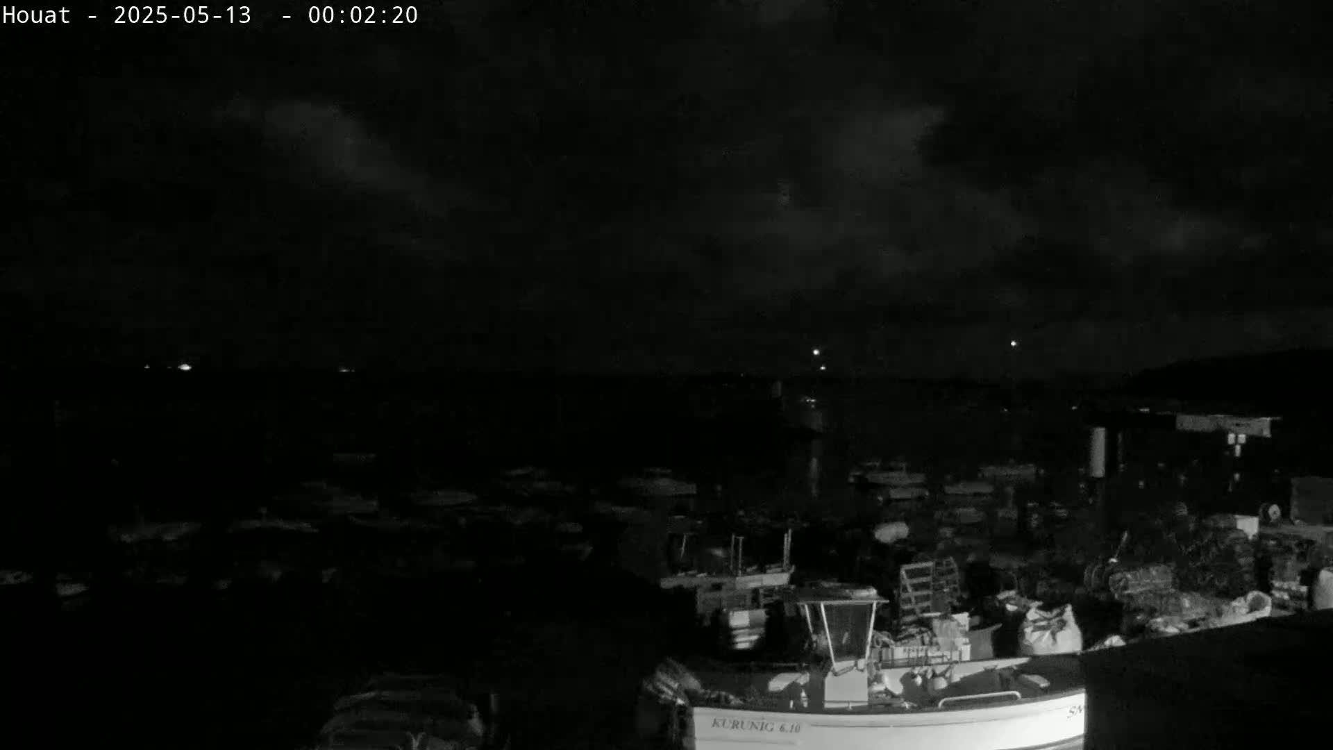 A nighttime, overcast view of a harbor filled with numerous boats under a dark sky.