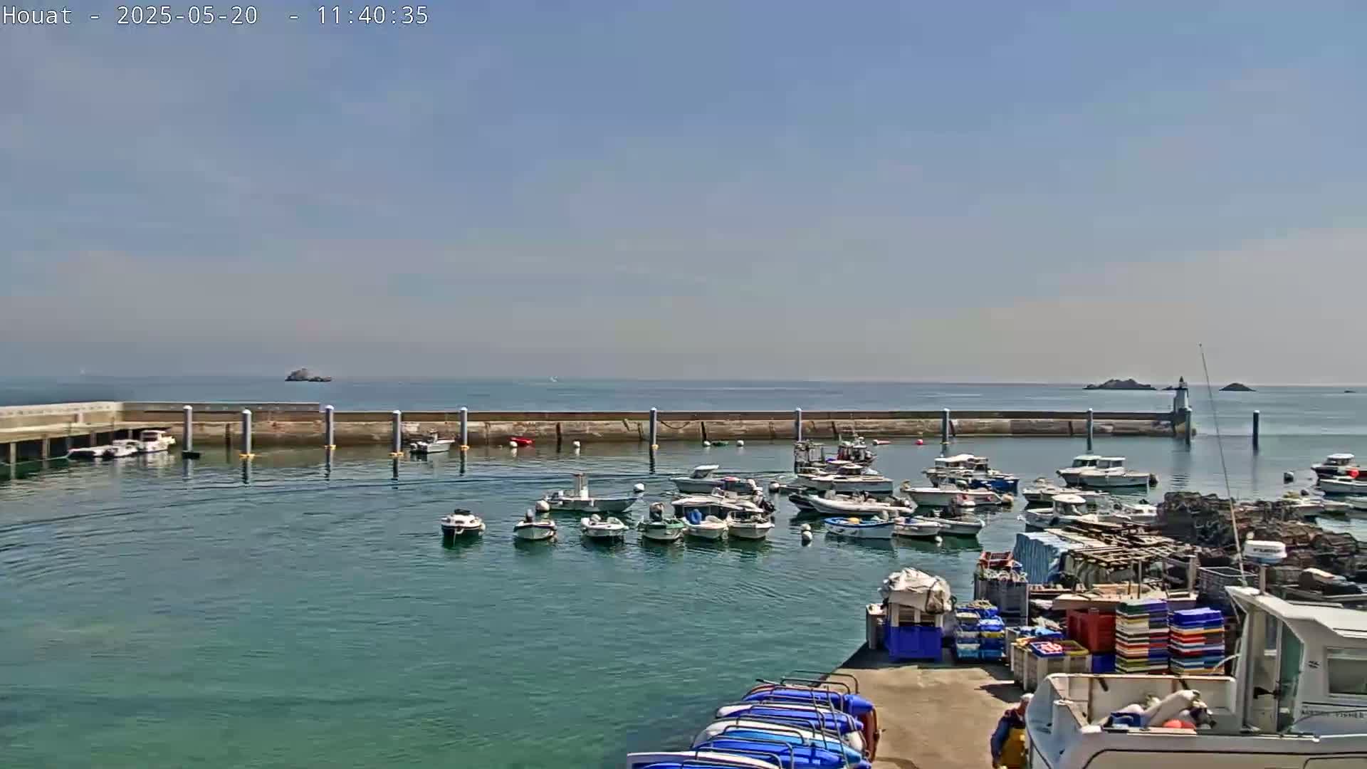 A harbor filled with numerous small boats and a calm sea under a clear blue sky.