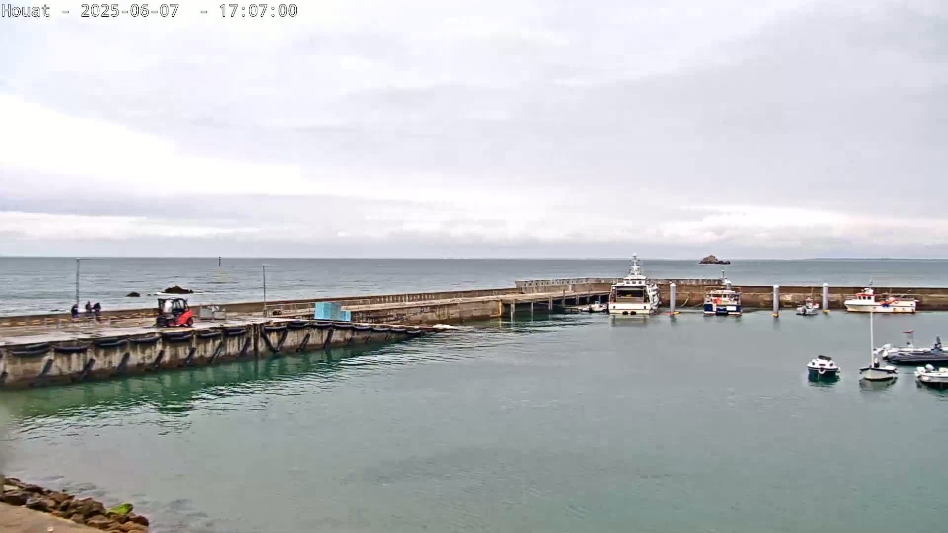 A small harbor with several boats moored at a concrete pier under an overcast sky.