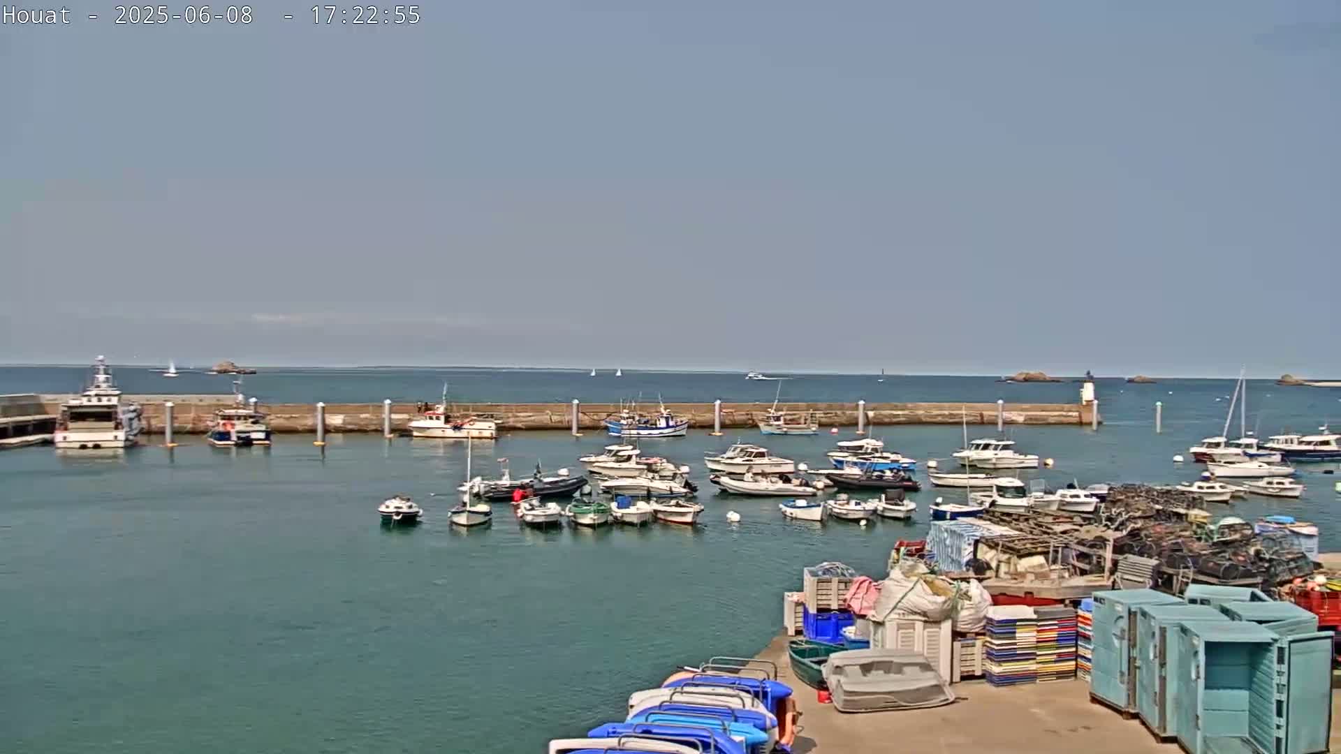 Many boats are moored in a harbor on a sunny day, with calm water and a distant coastline visible.