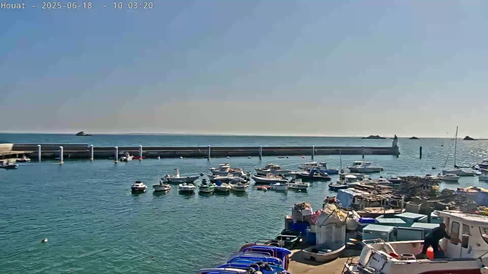 A harbor filled with numerous small boats is shown under a clear, sunny sky, with a stone seawall extending into the calm ocean.