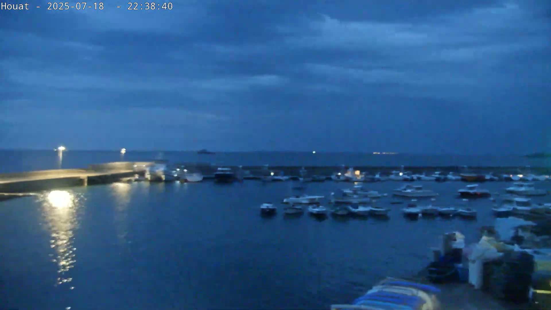 Many boats are docked in a harbor at twilight under a mostly cloudy sky.