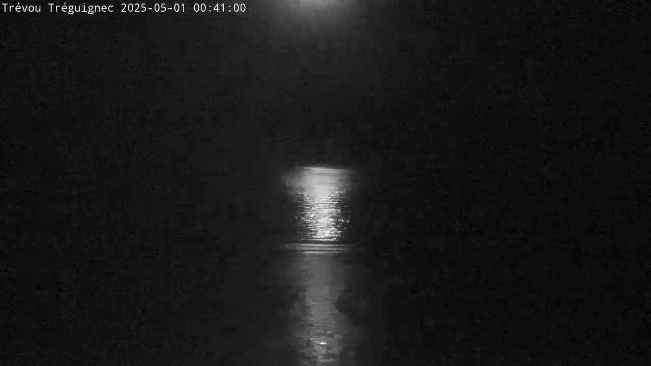 A nighttime view shows a calm body of water reflecting light, with dark surroundings.