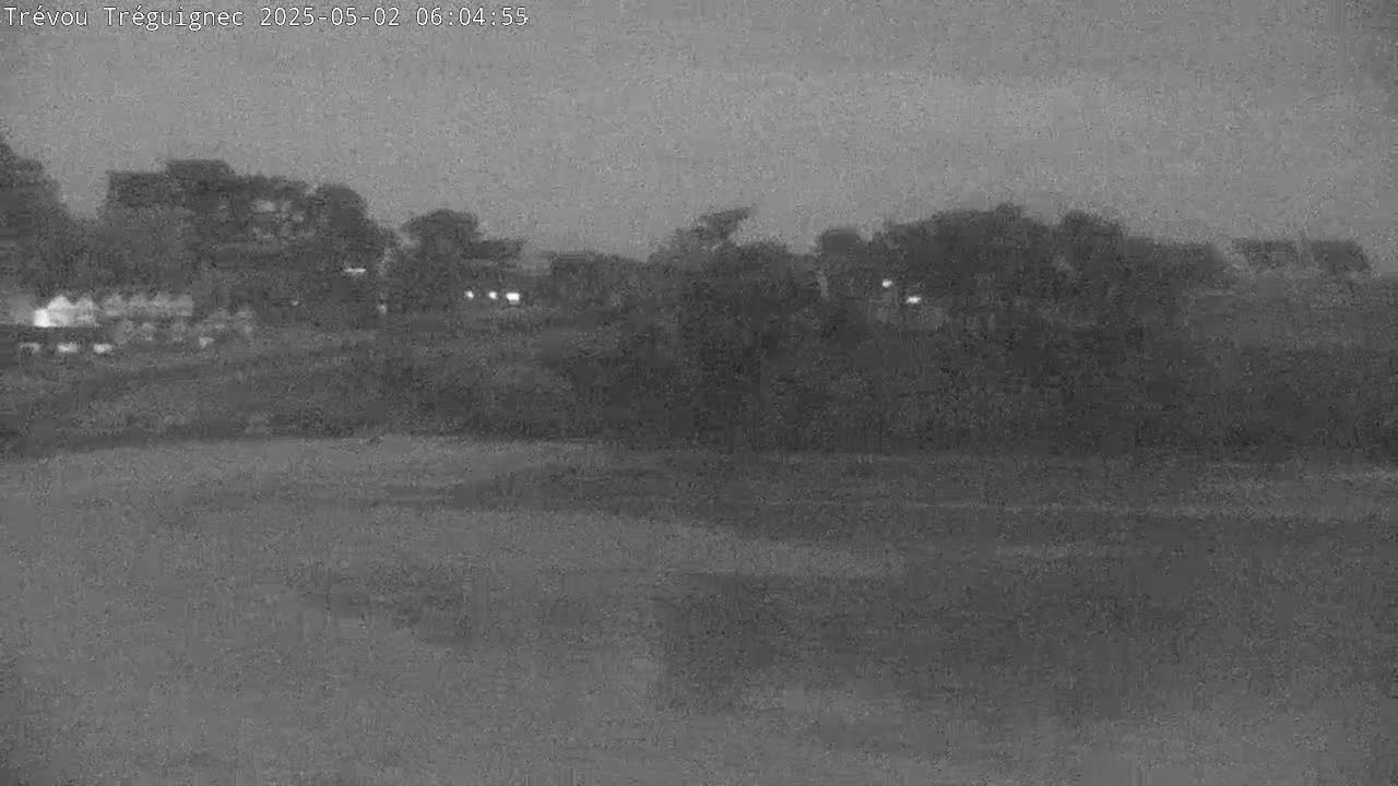 A nighttime, low-light view shows a flat expanse of land with dark trees and distant lights in the background under a dark, overcast sky.